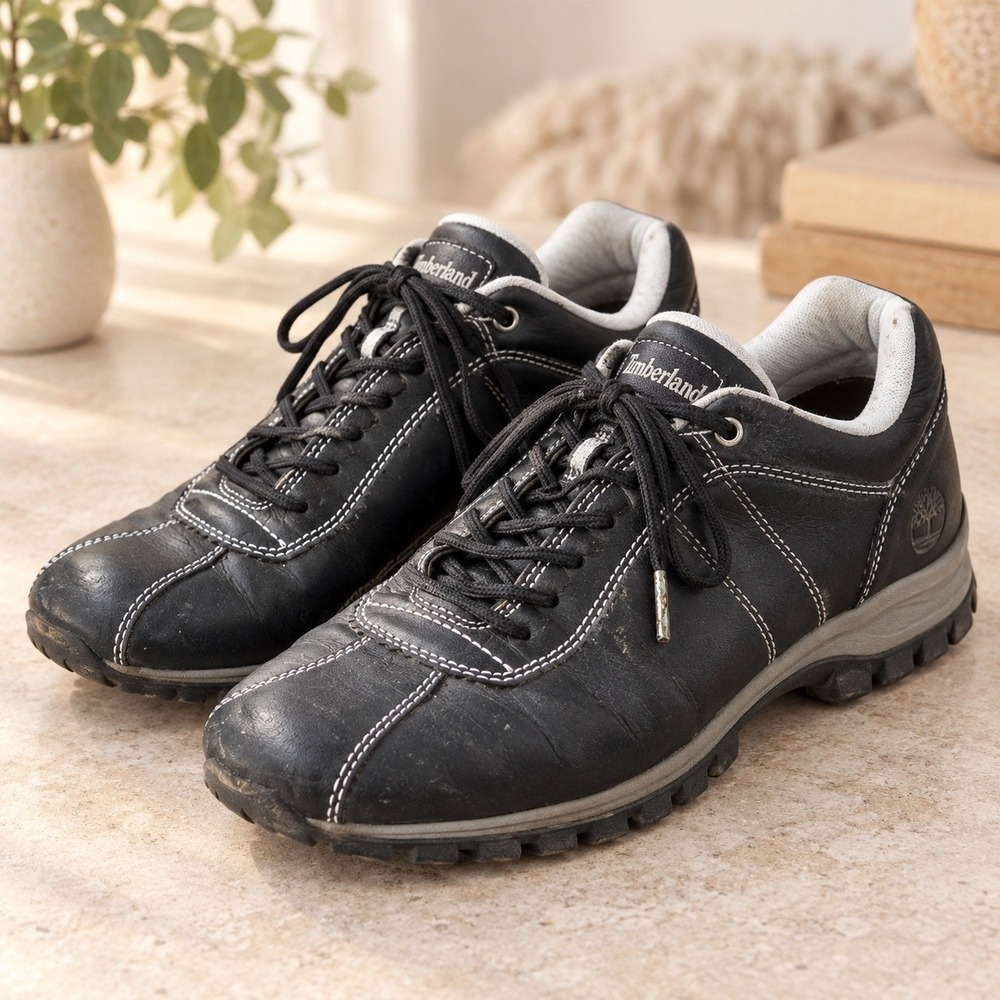 Timberland 16322 Black Leather Oxford Shoes Mens 7.5 M Contrast Stitch Lug Sole